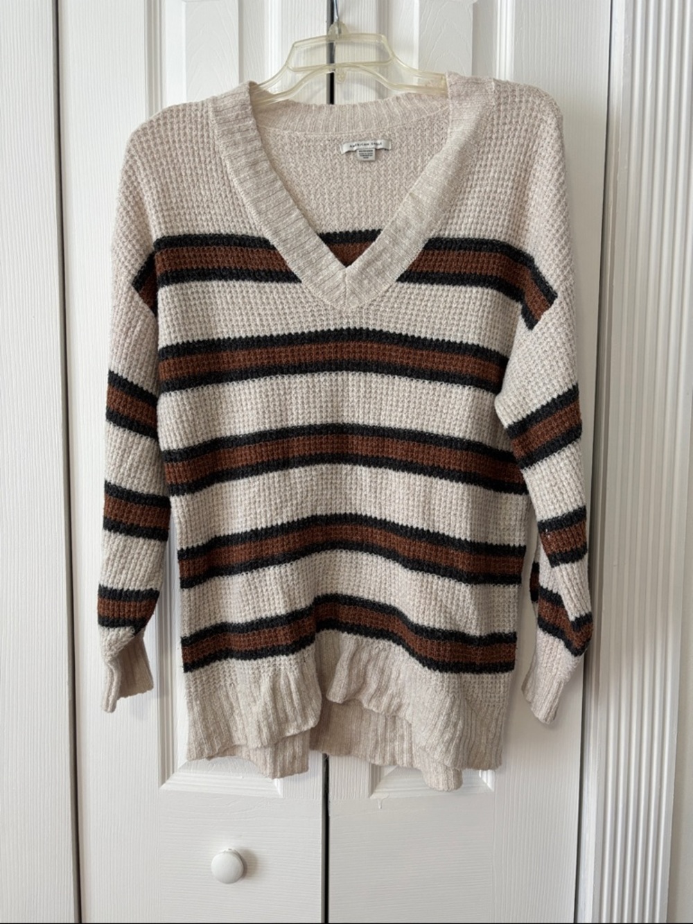 Cozy Striped V-Neck Sweater - Beige with Brown & Black Stripes
